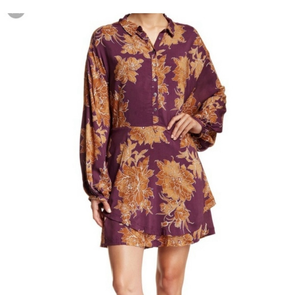 Free People Purple Floral Tiered Mini Dress with Gold-Orange Flowers